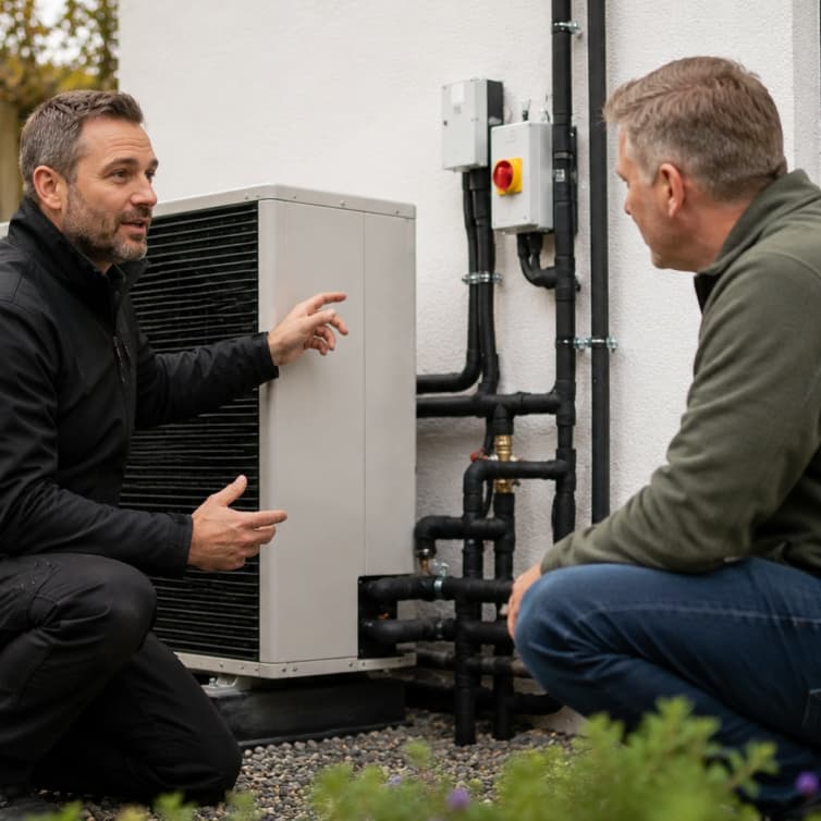 Mark Dawson discussing a heat pump installation.